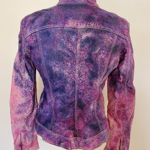 leather motorcycle biker jacket dyed painted pink black blue purple graffiti XS